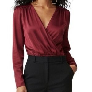 • Express Satin Wrap Front Deep V-Neck Long Sleeve Bodysuit Red Burgundy